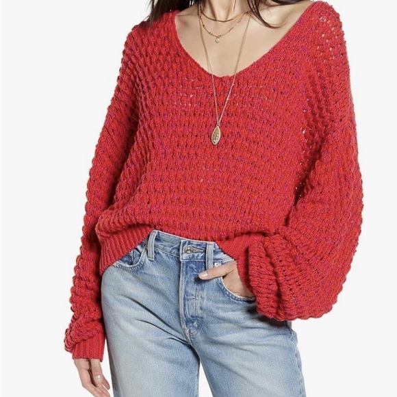 Free People Sweaters - Free People Womens Pullover Sweater Red Long Sleeve V Neck Inside Out S/p Dc